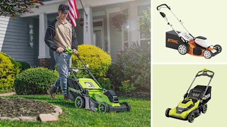 Clockwise from left: man outside a home mowing a green lawn with the Greenworks LMB455 battery lawn mower, the Stihl RMA 510 battery lawn mower, and the Ryobi RY40HPLM03K2 battery mower.