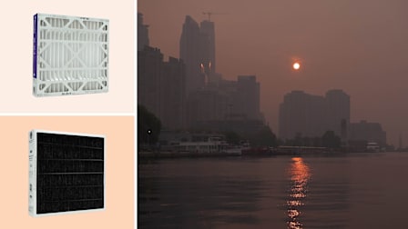 Clockwise from top left: Filtrete MPR 1550 Filter, The sun rises over Toronto's waterfront through dense wildfire smoke for a second consecutive day as poor air quality persists across the city, in Toronto, Ontario, Canada, Lennox Healthy Climate CarbonClean 16 filter.