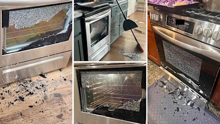 Four examples from CSPC incident reports of images taken by consumers of their shattered Frigidaire ovens.