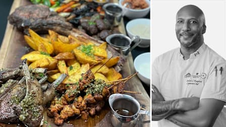 Grilled meats on a wooden plank alongside a portrait of Robert Rainford in his chef's coat.