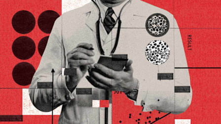 A collage illustration depicting a doctor in a white coat writing on a notepad, surrounded by medical charts on a red background.