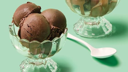 Scoops of chocolate ice cream in glass bowls beside a white spoon.