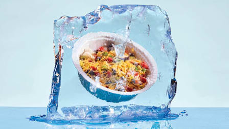 A meal frozen solid inside a large, melting block of clear ice.