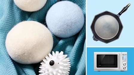 A grouping of wool dryer balls on a blanket, a Finex Cast Iron pan, and a Breville microwave.