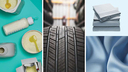Liquid and powder baby formula and bottle on a teal background, a close-up of a car tire tread in a store aisle, light-blue bedsheets, and a soft blue fabric close-up