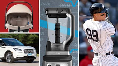 Clockwise: Graco SnugRide Turn & Slide rotating child car seat, Ninja Bender, Yankee player swinging bat, and 2026 Lincoln Corsair Reserve AWD