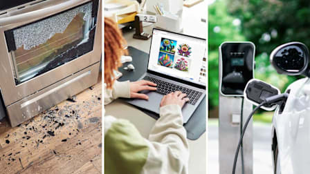 From left: an example from CSPC incident reports of an image a consumer took of their shattered Frigidaire ovens, Samsung Galaxy Book4 Ultra, and a car charging.
