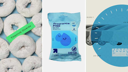 Three-panel collage showing powdered donuts labeled “Titanium Dioxide,” a package of Up&Up fragrance-free baby wipes, and a blue-tinted car with dashboard-style graphics.