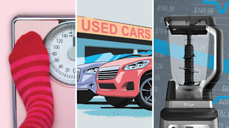 Three-panel image showing a foot on a scale, used cars at a dealership, and a Ninja blender.