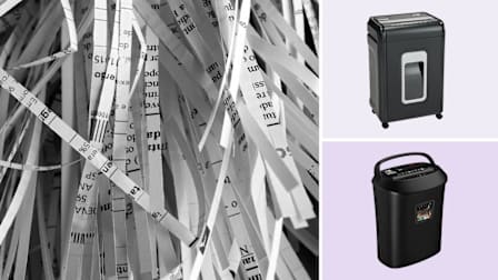 grid with close up of shredded paper and Aurora AU2260XA and VidaTeco 1201C paper shredders on light purple backgrounds