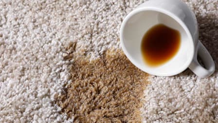 Coffee mug fallen over on beige carpet spilling black coffee