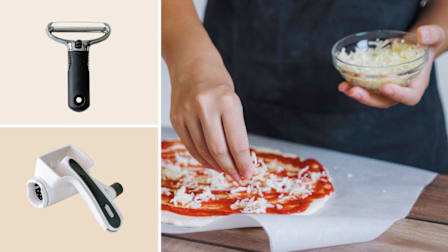 Zyliss Restaurant Cheese Grater and 
Oxo Wire Cheese Slicer —next, a person sprinkling shredded cheese onto a pizza crust spread with tomato sauce.