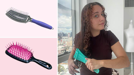 grid of three images with Olivia Garden and Unbrush brushes on light pink backgrounds and person using Bestool detangling brush with city view in background