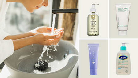 grid with crop of person's face and hands cupping water from bathroom sink to wash their face, Youth to the People Superfood Hydrating Gentle Antioxidant Refillable Cleanser, innisfree	Green Tea Amino Acid Cleansing Foam, tatcha	The Rice Wash Skin-Softening Cleanser, and Cetaphil	Daily Facial Cleanser on beige backgrounds