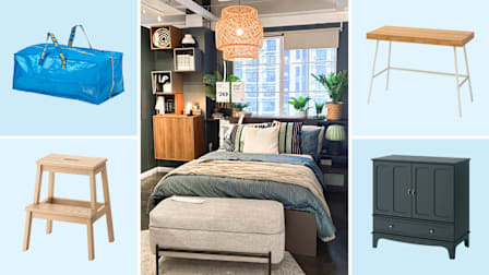 Ikea tote, stool, desk, cabinet, and bed in store showroom