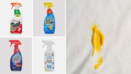 Shout, OxiClean, OxiClean Max Force, and Miss Mouth's laundry stain removers on left, mustard stain on a white T-shirt on right.