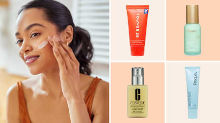 Woman rubbing moisturizer on face, Tower28, Biossance, Clinique, and Prequel moisturizer bottles
