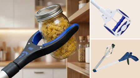 grid of RMS 34 Inch Extra Long Reacher Grabber grabbing mason jar of pasta, and handle of Grabber Buddy 36 in. Pick Up Tool Extended Reacher and Gopher II Deluxe Pick Up & Reaching Aid partially folded on beige backgrounds