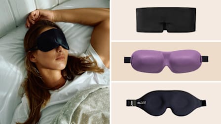 Woman sleeping in bed wearing eye mask, Baloo, Nidra, and MZOO sleep masks
