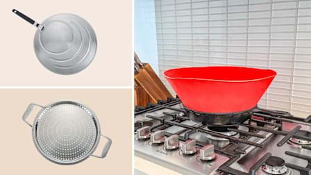 OXO, All Clad splatter screens, Frywall splatter guard in a cast iron pan on stove