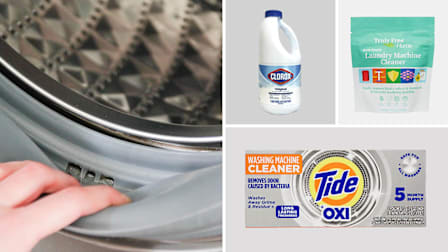 Hand pulling the rubber gasket back on a washing machine door on left, Clorox bleach, Truly Free and Tide washing machine cleaners