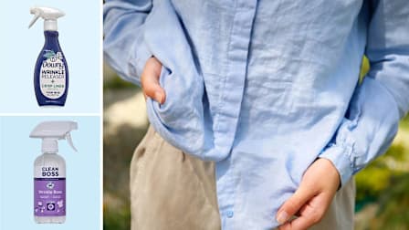 Clockwise from left: Downy Wrinkle Releaser +; a person holding out their wrinkle button down shirt; Clean Boss Wrinkle Boss