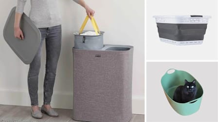 Clockwise from left: A person stands next to a Joseph Joseph Tota laundry basket while holding the basket's lid in one hand and lifting a removable fabric tote bag by its bright yellow handles with the other. Black and Decker Collapsible Laundry Basket, a black cat sits in a green Ikea TORKIS Flexible laundry basket.
