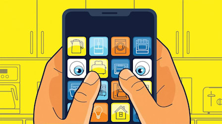 An illustration of two hands holding a dark blue smartphone in the center of the frame. The thumbs are positioned over a grid of colorful app icons of home appliances with two eyeballs watching what the hands are doing