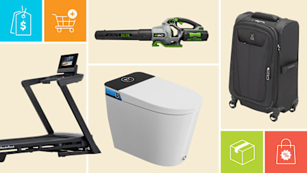 Ego LB6504 leaf blower, TravelPro Maxlite 5 21" Carry-On Spinner, Horow Smart Toilet HRT38P, and NordicTrack T10 treadmill with icons showing a price tag, shopping cart, shipping box, and discount bag.
