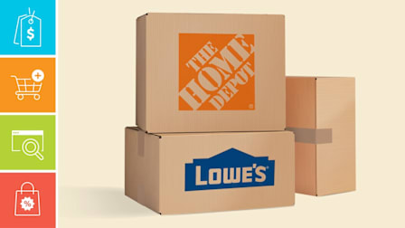 Boxes with The Home Depot and Lowe's logos and icons showing a price tag, shopping cart, shipping box, and discount bag.