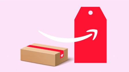 A cardboard package with a red stripe and a pink  star is shown next to a red price tag, connected by Amazon's logo on a pink background