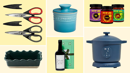 grid of iBayam Kitchen Shears, Emile Henry French Ceramic Ruffled Loaf Pan, Le Creuset Butter Crock, Fly By Jing Triple Threat Sauce Trio, Flamingo Estate Personalized Heritage Extra Virgin Olive Oil, and Our Place Dream Cooker on shades of light yellow backgrounds