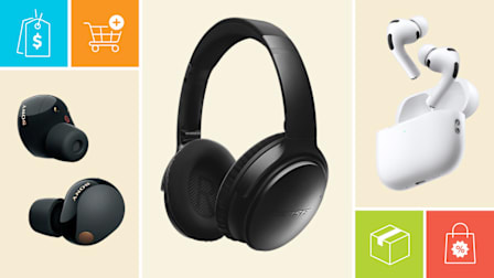Sony WF-1000XM5, Bose QuietComfort Wireless Noise Cancelling, and Apple AirPods Pro 3 with icons showing a price tag, shopping cart, shipping box, and discount bag.