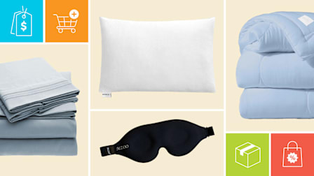 Coop Sleep Goods Cool+ Adjustable Classic 
 pillow, Buffy comforter, Mzoo Sleep Mask, and Mellanni Brushed Microfiber 
 sheets with icons showing a price tag, shopping cart, shipping box, and discount bag.
