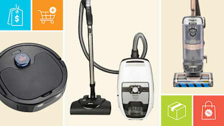 Bissell FlexClean FurForce 4270L robotic vacuum, Miele Blizzard CX1 Cat & Dog canister vacuum, and Shark Vertex DuoClean AZ2002 upright vacuum with icons showing a price tag, shopping cart, shipping box, and discount bag.