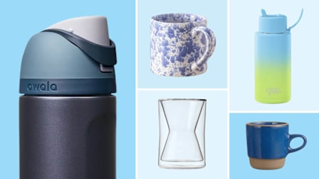grid of five mugs, thermoses, and glasses with various tones of blue backgrounds (Owala FreeSip, Bennington Potters American Classic Mug, Chemex Double Walled Coffee Mug, Frank Green Ceramic 34oz Gradient Bottle, and Heath Ceramics Stack Mug)