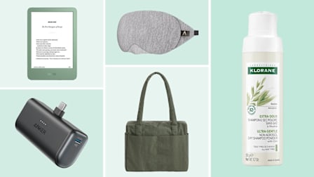 Amazon Kindle, Anker nano power bank, Mavogel sleep mask, Baggu carryon bag, Klorane dry shampoo