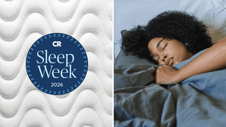 A textured white mattress background with a blue circular badge reading ‘CR Sleep Week 2026’; on the right, a person sleeping peacefully on their side under blue bedding,
