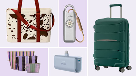 Owala tote, Birdie safety device, Samsonite suitcase, Baggu pouch set, Anker portable charger