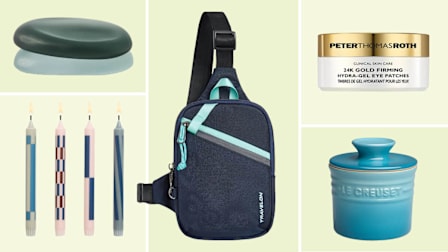 Spoonrest stones, taper candles, travelon sling bag, Peter Thomas Roth eye patches, Le Creuset butter crock
