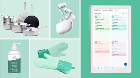 Shown clockwise from top center: Apple AirPods Pro 3, Skylight calendar, Kitchen Mama Oven Mitts, Earth mama body butter, Oxo Tri-Ply Stainless Mira Series cookware