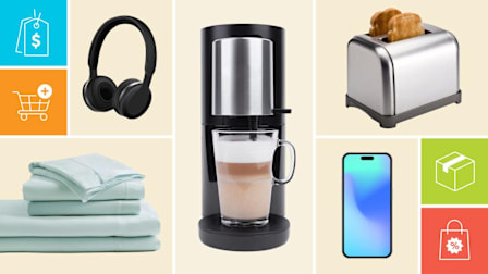 Headphones, Coffee maker, toaster, bed sheets, and a phone with icons show a price tag, shopping cart, shipping box, and discount bag.