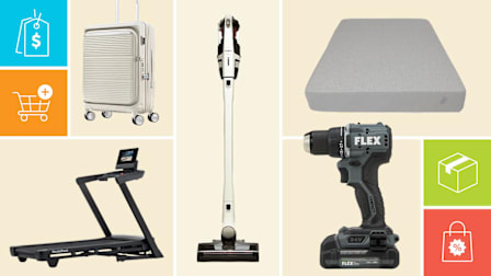 grid with products (Samsonite Paralux Carry-On Spinner, NordicTrack T10 Treadmill, Miele Triflex stick vacuum, Kin by Tuft & Needle Hybrid Mattress, and Flex FX1131 Cordless Drill) and illustrated icons showing a price tag, shopping cart, shipping box, and discount bag