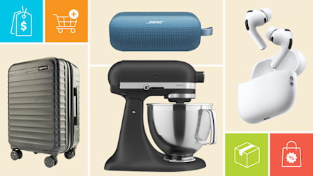 Clockwise from left: Amazon Basics rolling luggage, Bose Soundlink Flex Bluetooth speaker, Apple Airpods Pro3, KitchenAid Artisan stand mixer.