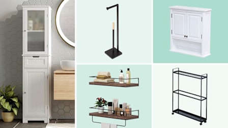 Shario shelves, Target toilet paper stand, Alaterre cabinet, Yamazaki rolling rack, Horstors cabinet