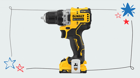 A GIF featuring three items on sale: DeWalt DCD701F2 cordless drill, Cuisinart AIR-200 airfryer, Kamado Joe Classic II 18" KJ23RHC grill