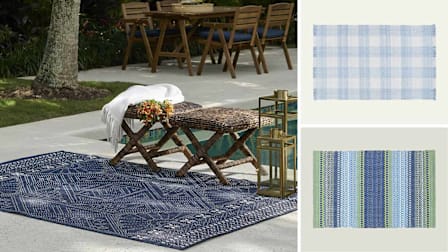 Clockwise from left: Pottery Barn Momeni Riviera Transitional Indoor/Outdoor Area Rug, Annie Selke Fiesta Stripe French Blue/Green Handwoven Indoor/Outdoor Rug