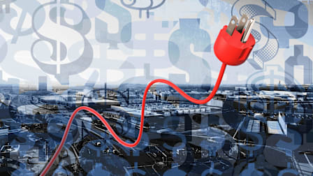 Red power cord against a backdrop of dollar signs and AI facility