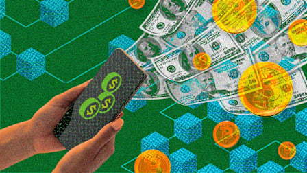 A photo illustration of hands holding a smartphone against a green background patterned with blue 3D hexagonal cubes. On the phone screen, three green coin icons with dollar signs are visible. A stream of one-hundred-dollar bills and glowing orange cryptocurrency coins emerges from the phone, floating toward the upper right corner of the frame. The image has a textured, grainy, halftone dot aesthetic.