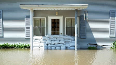 Facade of flooded house with sand bags stacked at the front door.